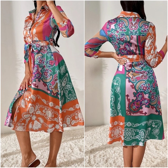Boho Paisley Print Button up Satin Dress - Picture 4 of 7